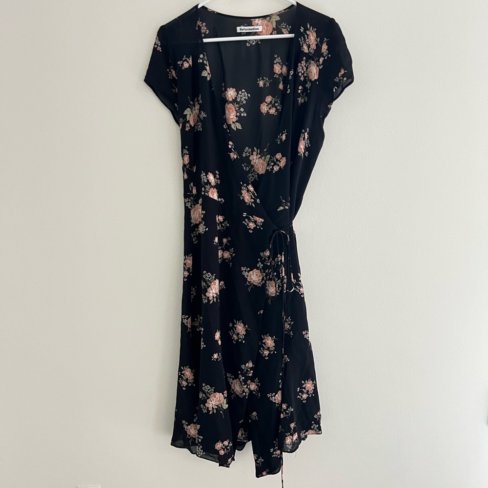 Reformation Black Floral Wrap Dress - Pink Rose Print